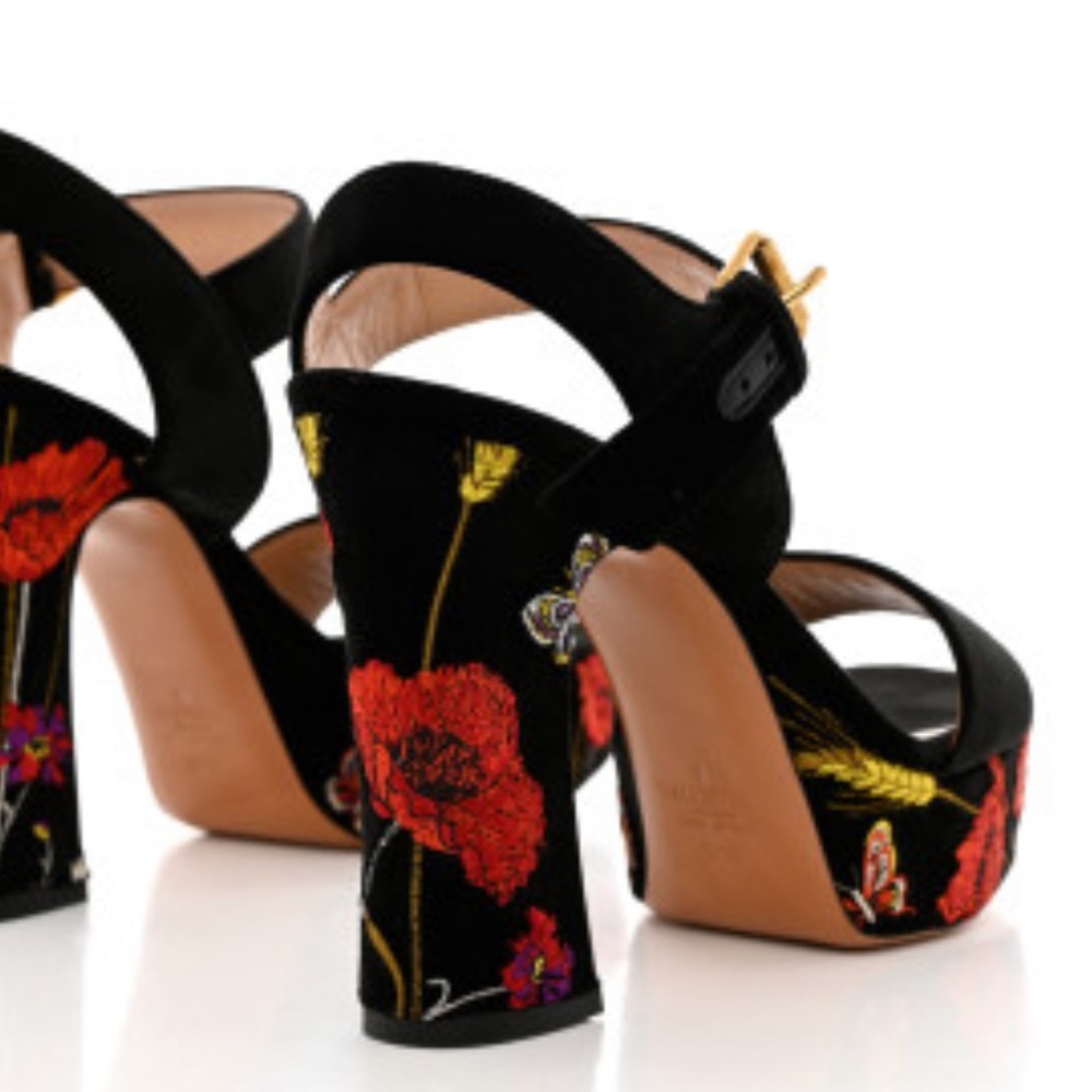 Valentino Velvet Black & Red Platform Open Toes Heels Size 37 - Picture 4 of 14